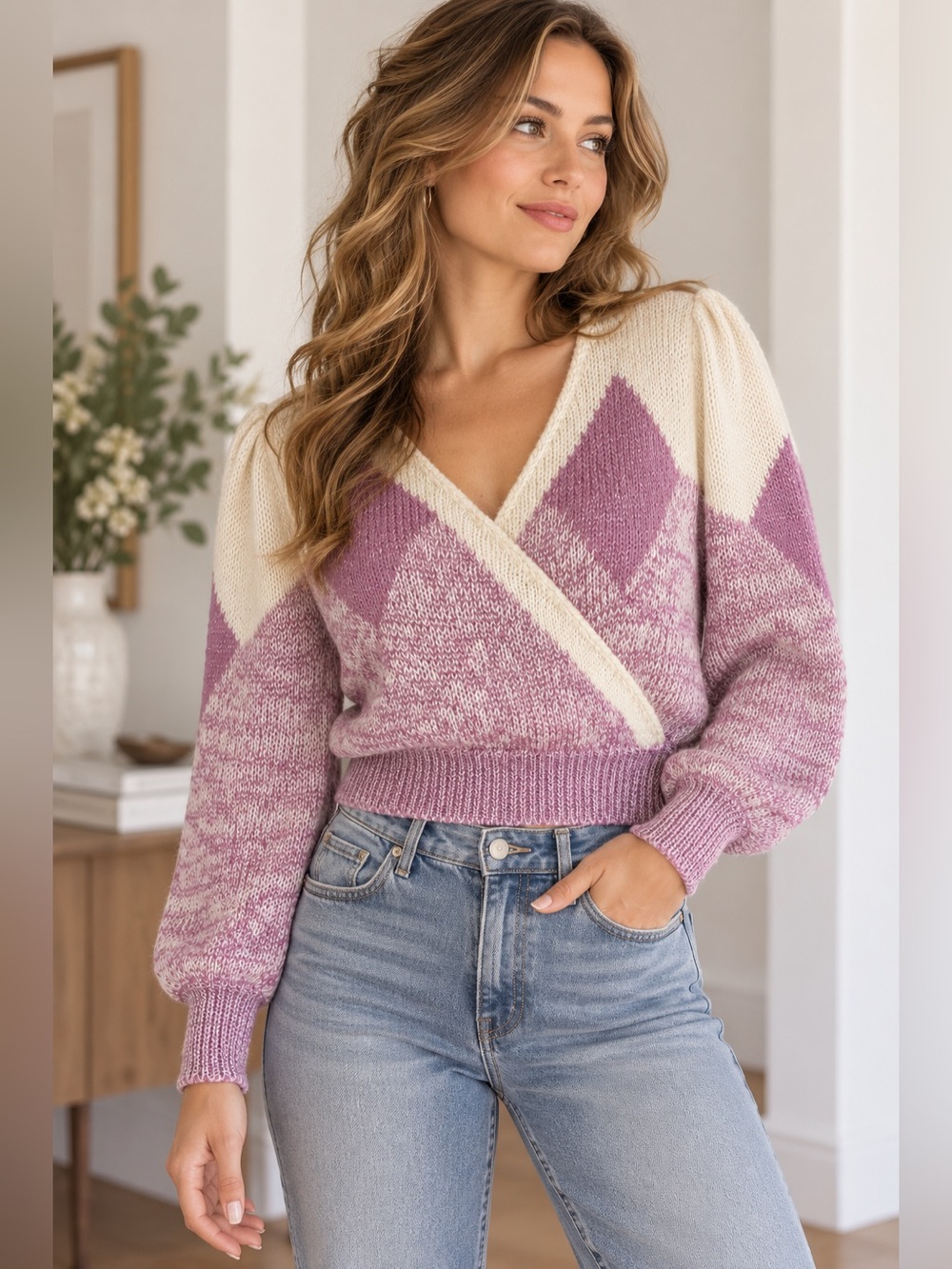 GINENNE Dusty Rose Mauve Cream Geometric Wrap Front Cropped Sweater Y2K L